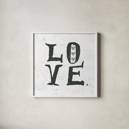 Love Gray Hearts by Kellie Day. Shown in a crisp white glass frame for a clean and minimalist style. Available as an archival giclee rolled canvas, fine art paper, or poster print. SKU 31338a.