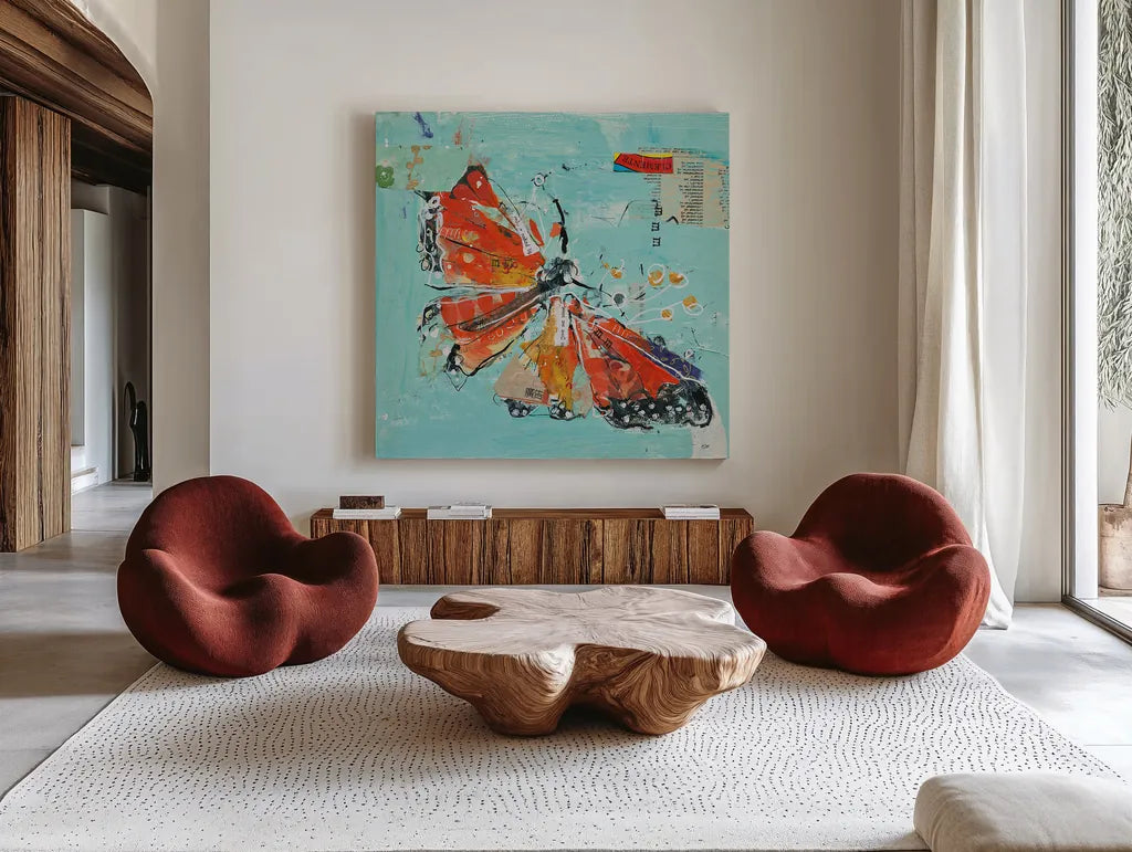 Monarch I Crop by Kellie Day. Shown as extra-large giant wall art in a modern living room. Available as an archival giclee rolled canvas, fine art paper, or poster print. SKU 27861a.