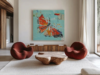 Monarch I Crop by Kellie Day. Shown as extra-large giant wall art in a modern living room. Available as an archival giclee rolled canvas, fine art paper, or poster print. SKU 27861a.