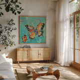 Monarch II by Kellie Day. Shown in a natural wood frame in a cozy modern living room. Available as an archival giclee rolled canvas, fine art paper, or poster print. SKU 27862a.