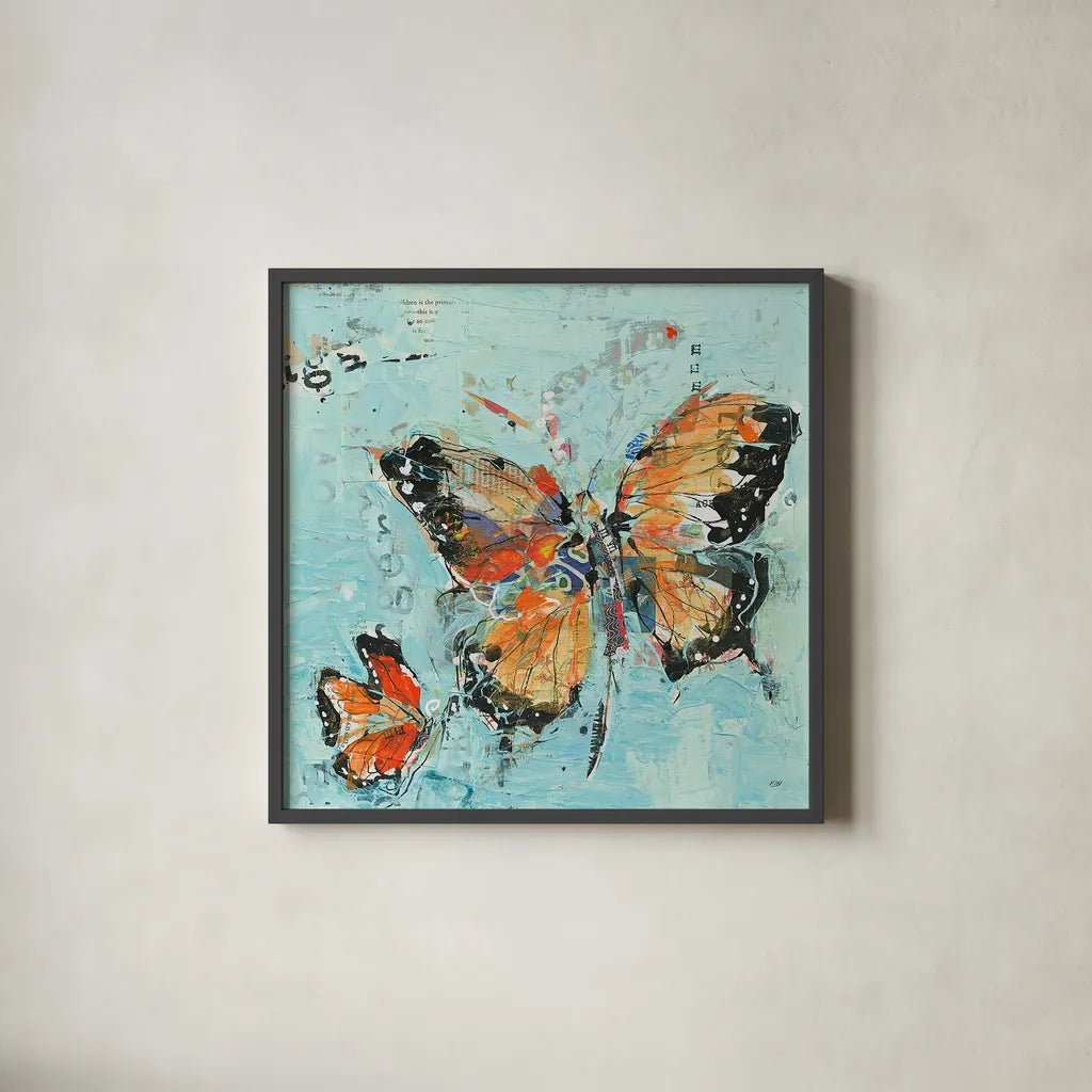 Monarch II Light Blue by Kellie Day. Shown in a sleek black glass frame for a contemporary gallery look. Available as an archival giclee rolled canvas, fine art paper, or poster print. SKU 27919a.