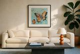 Monarch II Light Blue by Kellie Day. Displayed in a glass frame with matte in a clean modern living room. Available as an archival giclee rolled canvas, fine art paper, or poster print. SKU 27919a.