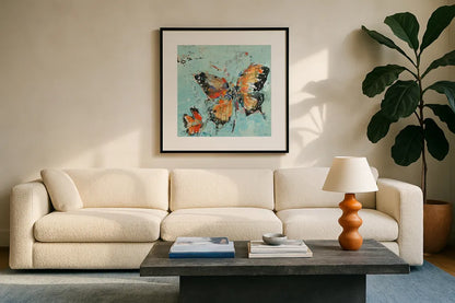 Monarch II Light Blue by Kellie Day. Displayed in a glass frame with matte in a clean modern living room. Available as an archival giclee rolled canvas, fine art paper, or poster print. SKU 27919a.