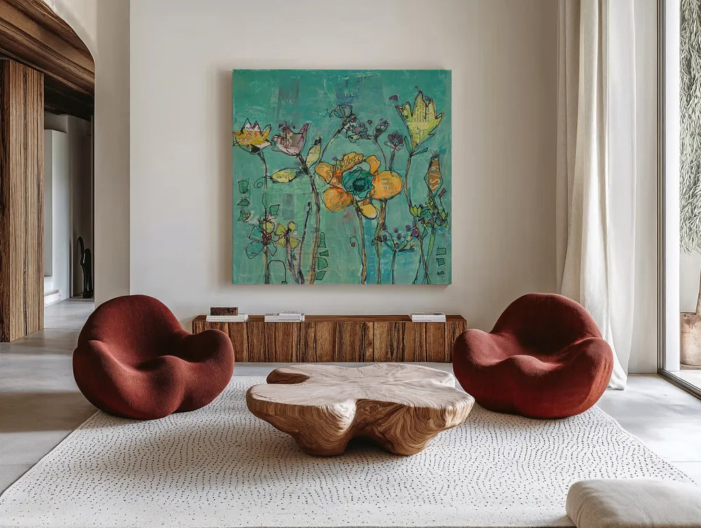 Monkey and Mommy by Kellie Day. Shown as extra-large giant wall art in a modern living room. Available as an archival giclee rolled canvas, fine art paper, or poster print. SKU 27631a.