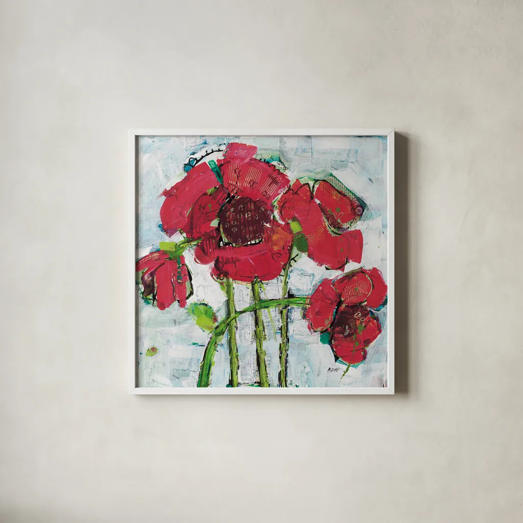 POP Square with Magenta by Kellie Day. Shown in a crisp white glass frame for a clean and minimalist style. Available as an archival giclee rolled canvas, fine art paper, or poster print. SKU 36085a.