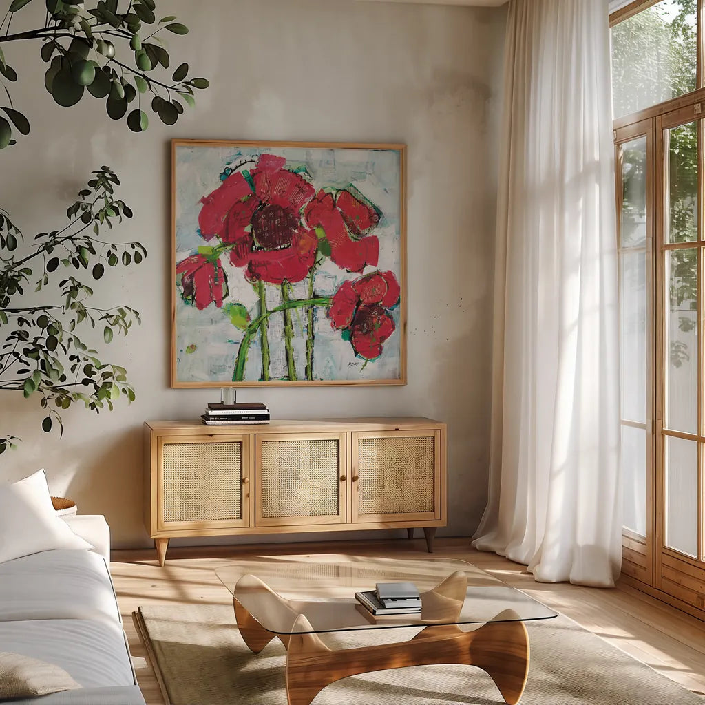 POP Square with Magenta by Kellie Day. Shown in a natural wood frame in a cozy modern living room. Available as an archival giclee rolled canvas, fine art paper, or poster print. SKU 36085a.