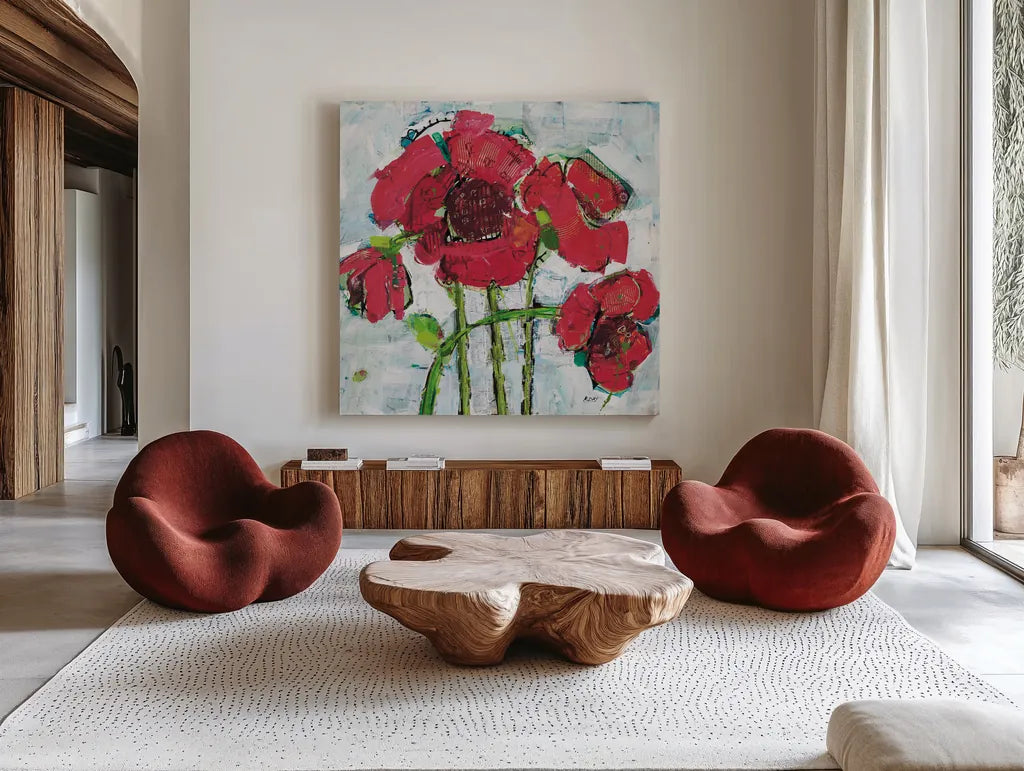 POP Square with Magenta by Kellie Day. Shown as extra-large giant wall art in a modern living room. Available as an archival giclee rolled canvas, fine art paper, or poster print. SKU 36085a.