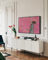 Perky Ts Pink Aqua Crop by Kellie Day. shown as a framed stretched canvas in a living room above a console. Available as a archival giclee rolled canvas, fine art paper, or poster print. SKU 36068i.