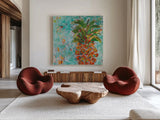 Pineapple by Kellie Day. Shown as extra-large giant wall art in a modern living room. Available as an archival giclee rolled canvas, fine art paper, or poster print. SKU 37196a.