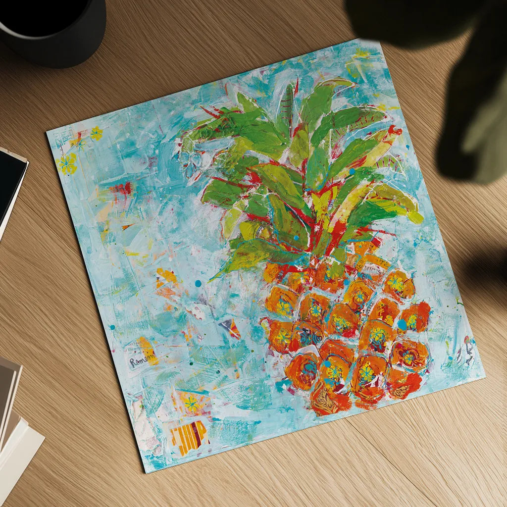 Pineapple Bright by Kellie Day. Shown as a detailed flat fine art print, highlighting archival giclee quality. Available as an archival giclee rolled canvas, fine art paper, or poster print. SKU 37670a.