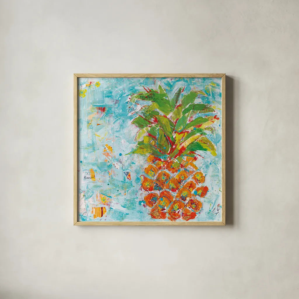 Pineapple Bright by Kellie Day. Shown in a natural wood glass frame for a timeless modern aesthetic. Available as an archival giclee rolled canvas, fine art paper, or poster print. SKU 37670a.