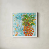 Pineapple Bright by Kellie Day. Shown in a crisp white glass frame for a clean and minimalist style. Available as an archival giclee rolled canvas, fine art paper, or poster print. SKU 37670a.
