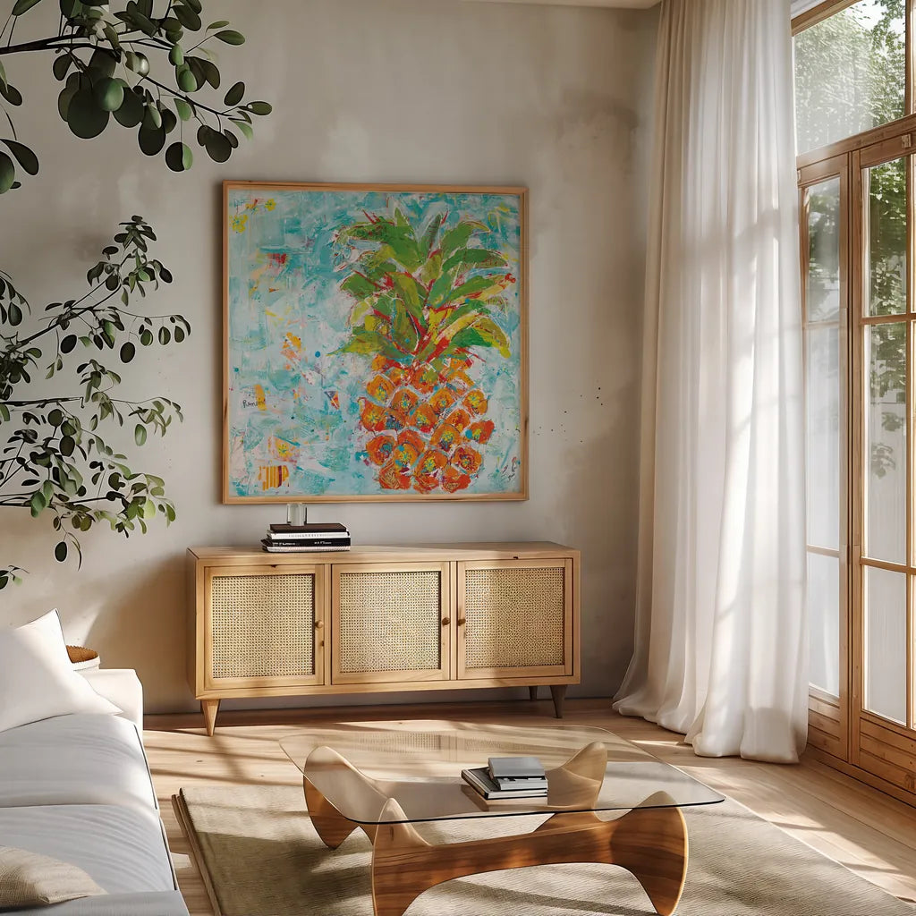Pineapple Bright by Kellie Day. Shown in a natural wood frame in a cozy modern living room. Available as an archival giclee rolled canvas, fine art paper, or poster print. SKU 37670a.