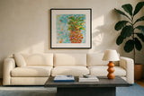 Pineapple Bright by Kellie Day. Displayed in a glass frame with matte in a clean modern living room. Available as an archival giclee rolled canvas, fine art paper, or poster print. SKU 37670a.