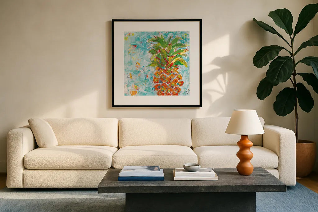 Pineapple Bright by Kellie Day. Displayed in a glass frame with matte in a clean modern living room. Available as an archival giclee rolled canvas, fine art paper, or poster print. SKU 37670a.