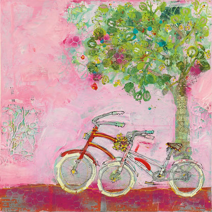 Pink Bicycles by Kellie Day. SKU 39678a. Archival Giclee Fine art print for wall decor.