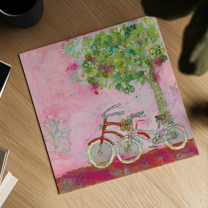 Pink Bicycles by Kellie Day. Shown as a detailed flat fine art print, highlighting archival giclee quality. Available as an archival giclee rolled canvas, fine art paper, or poster print. SKU 39678a.