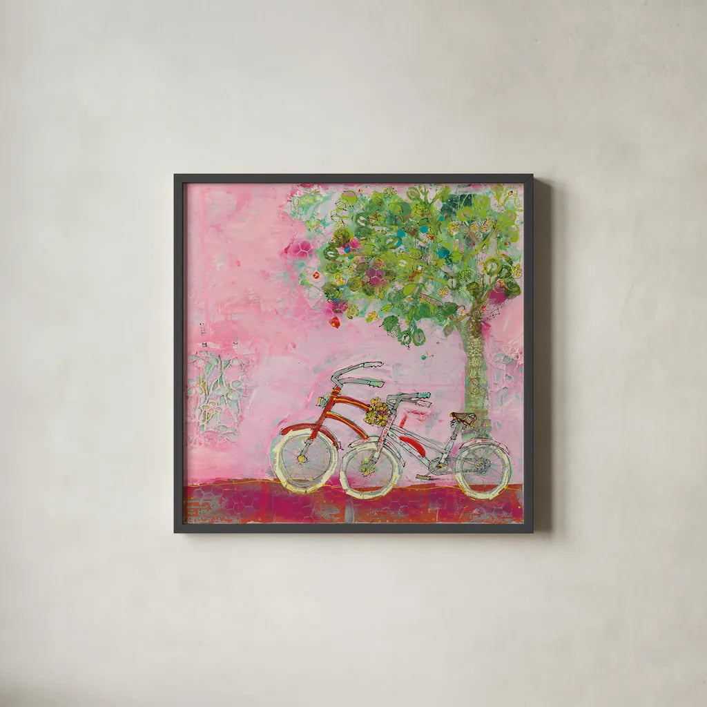 Pink Bicycles by Kellie Day. Shown in a sleek black glass frame for a contemporary gallery look. Available as an archival giclee rolled canvas, fine art paper, or poster print. SKU 39678a.