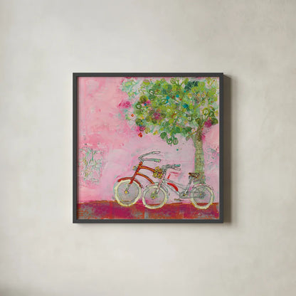 Pink Bicycles by Kellie Day. Shown in a sleek black glass frame for a contemporary gallery look. Available as an archival giclee rolled canvas, fine art paper, or poster print. SKU 39678a.