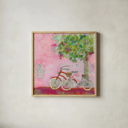 Pink Bicycles by Kellie Day. Shown in a natural wood glass frame for a timeless modern aesthetic. Available as an archival giclee rolled canvas, fine art paper, or poster print. SKU 39678a.