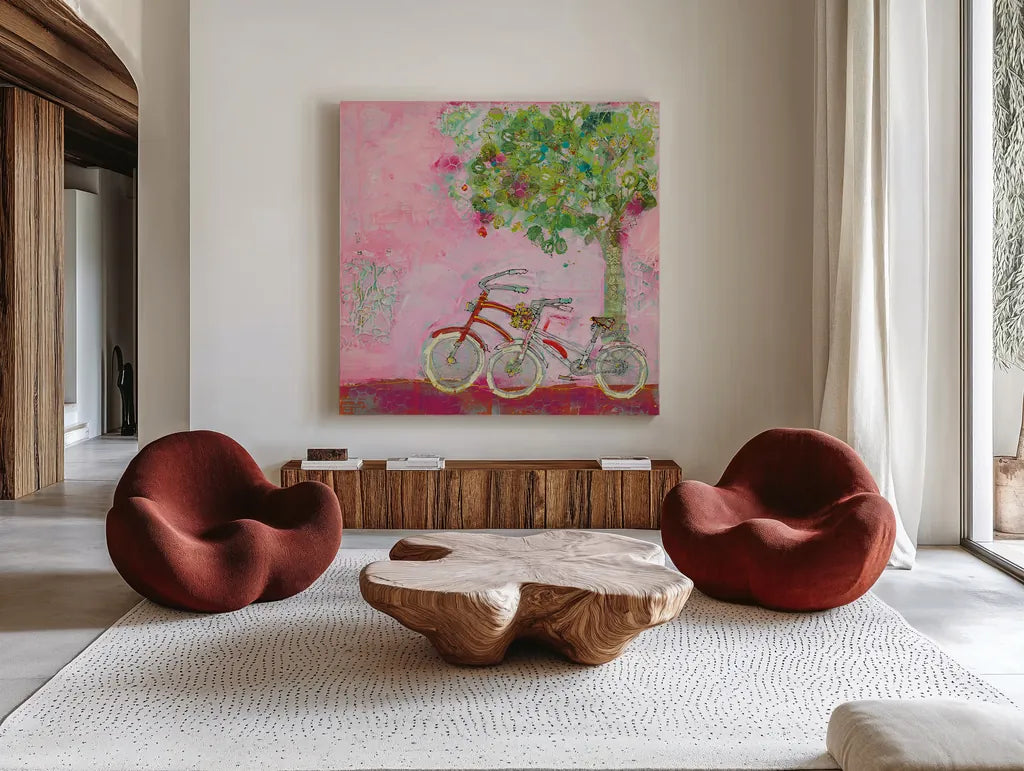 Pink Bicycles by Kellie Day. Shown as extra-large giant wall art in a modern living room. Available as an archival giclee rolled canvas, fine art paper, or poster print. SKU 39678a.