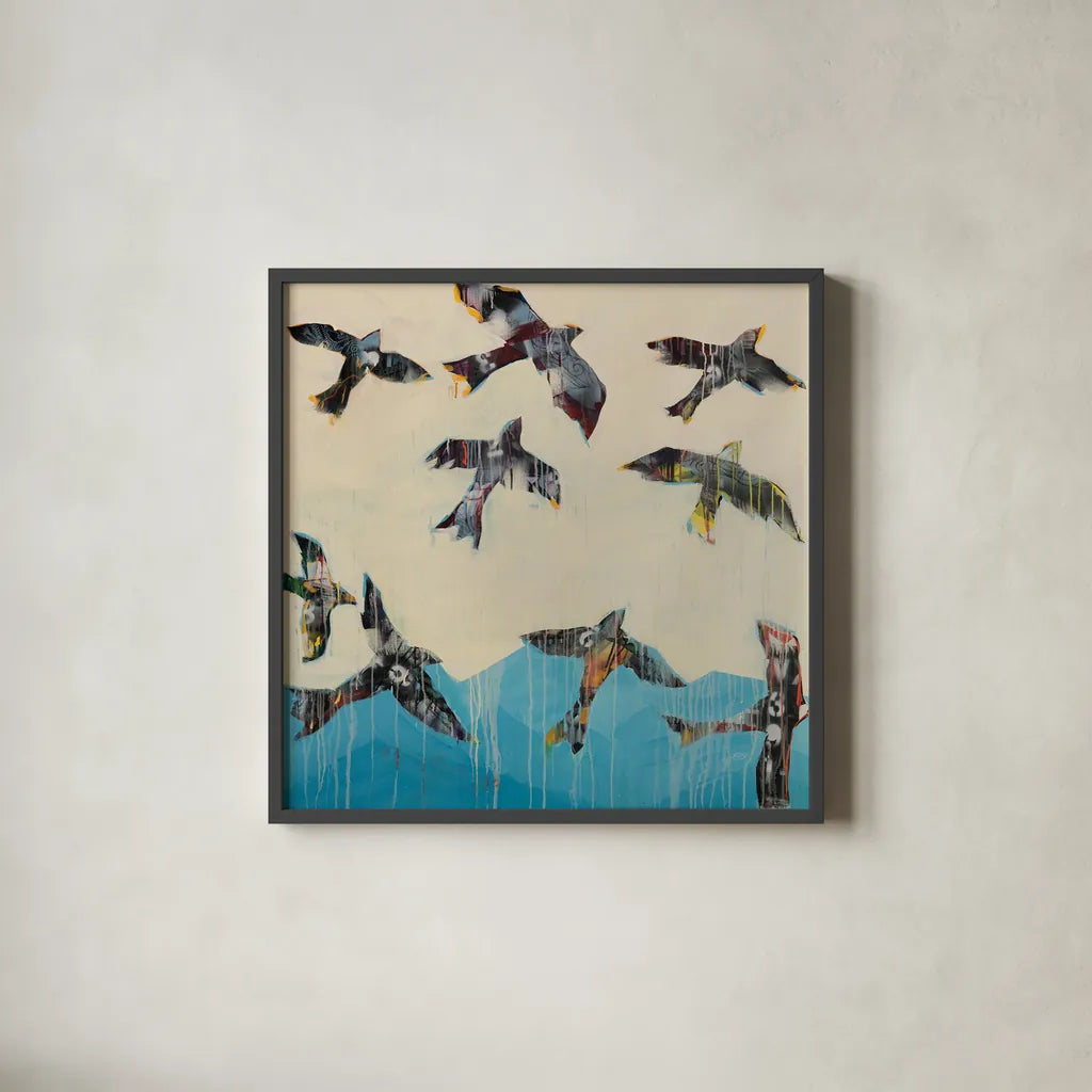 Ravens Rising by Kellie Day. Shown in a sleek black glass frame for a contemporary gallery look. Available as an archival giclee rolled canvas, fine art paper, or poster print. SKU 59934a.