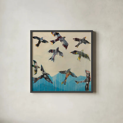 Ravens Rising by Kellie Day. Shown in a sleek black glass frame for a contemporary gallery look. Available as an archival giclee rolled canvas, fine art paper, or poster print. SKU 59934a.