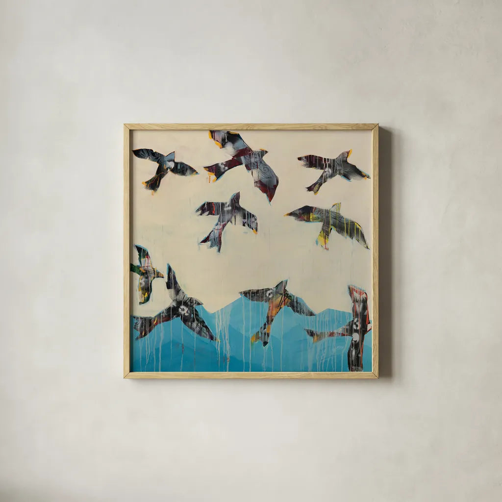 Ravens Rising by Kellie Day. Shown in a natural wood glass frame for a timeless modern aesthetic. Available as an archival giclee rolled canvas, fine art paper, or poster print. SKU 59934a.