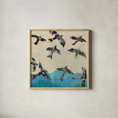 Ravens Rising by Kellie Day. Shown in a natural wood glass frame for a timeless modern aesthetic. Available as an archival giclee rolled canvas, fine art paper, or poster print. SKU 59934a.
