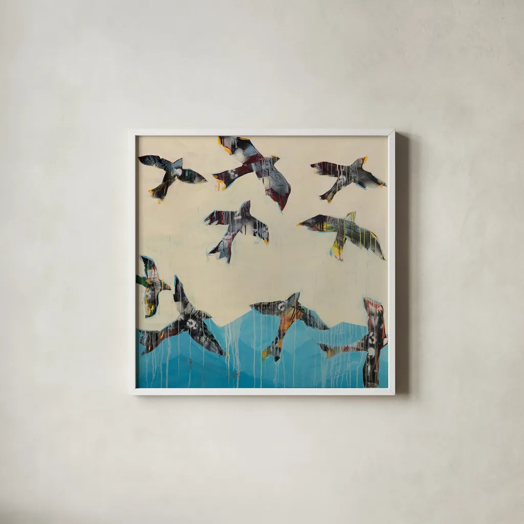 Ravens Rising by Kellie Day. Shown in a crisp white glass frame for a clean and minimalist style. Available as an archival giclee rolled canvas, fine art paper, or poster print. SKU 59934a.