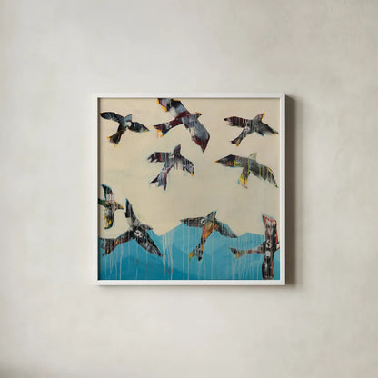 Ravens Rising by Kellie Day. Shown in a crisp white glass frame for a clean and minimalist style. Available as an archival giclee rolled canvas, fine art paper, or poster print. SKU 59934a.