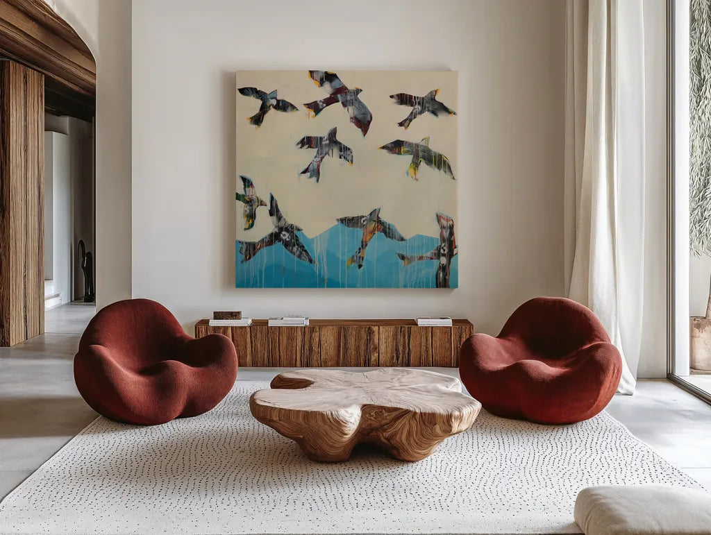 Ravens Rising by Kellie Day. Shown as extra-large giant wall art in a modern living room. Available as an archival giclee rolled canvas, fine art paper, or poster print. SKU 59934a.