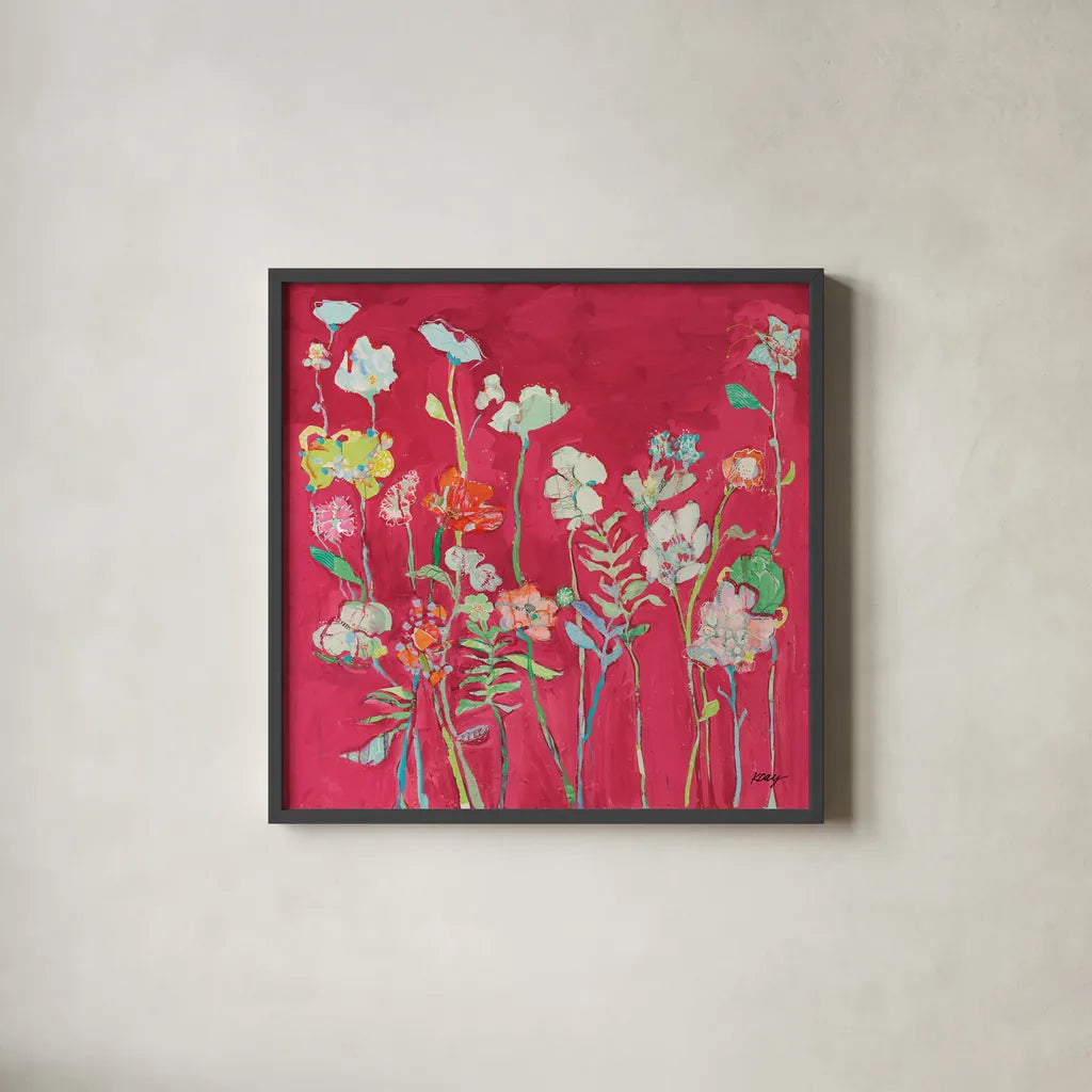 Richness of Flowers by Kellie Day. Shown in a sleek black glass frame for a contemporary gallery look. Available as an archival giclee rolled canvas, fine art paper, or poster print. SKU 68652a.