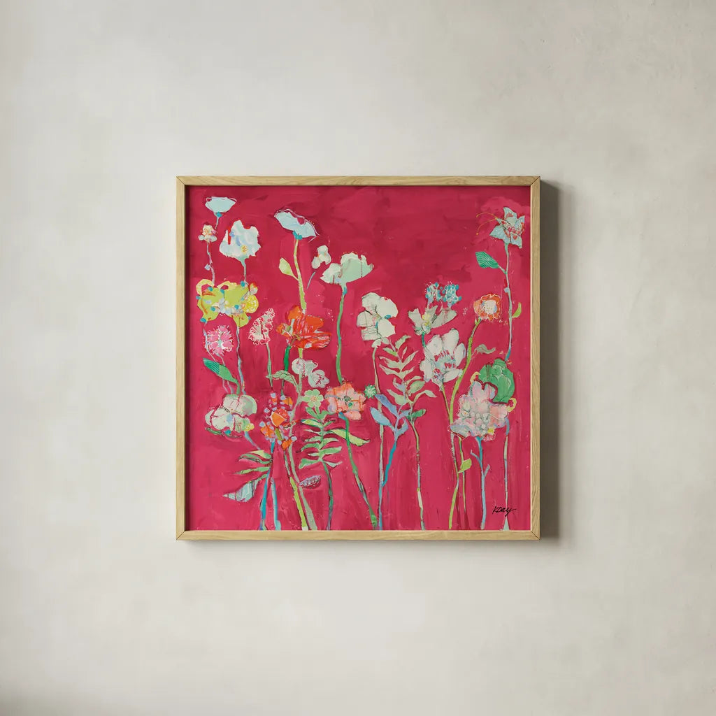 Richness of Flowers by Kellie Day. Shown in a natural wood glass frame for a timeless modern aesthetic. Available as an archival giclee rolled canvas, fine art paper, or poster print. SKU 68652a.
