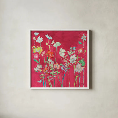 Richness of Flowers by Kellie Day. Shown in a crisp white glass frame for a clean and minimalist style. Available as an archival giclee rolled canvas, fine art paper, or poster print. SKU 68652a.