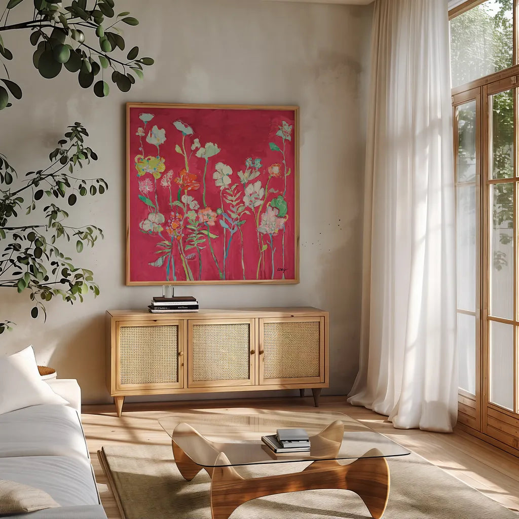 Richness of Flowers by Kellie Day. Shown in a natural wood frame in a cozy modern living room. Available as an archival giclee rolled canvas, fine art paper, or poster print. SKU 68652a.