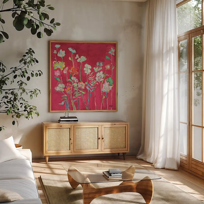 Richness of Flowers by Kellie Day. Shown in a natural wood frame in a cozy modern living room. Available as an archival giclee rolled canvas, fine art paper, or poster print. SKU 68652a.