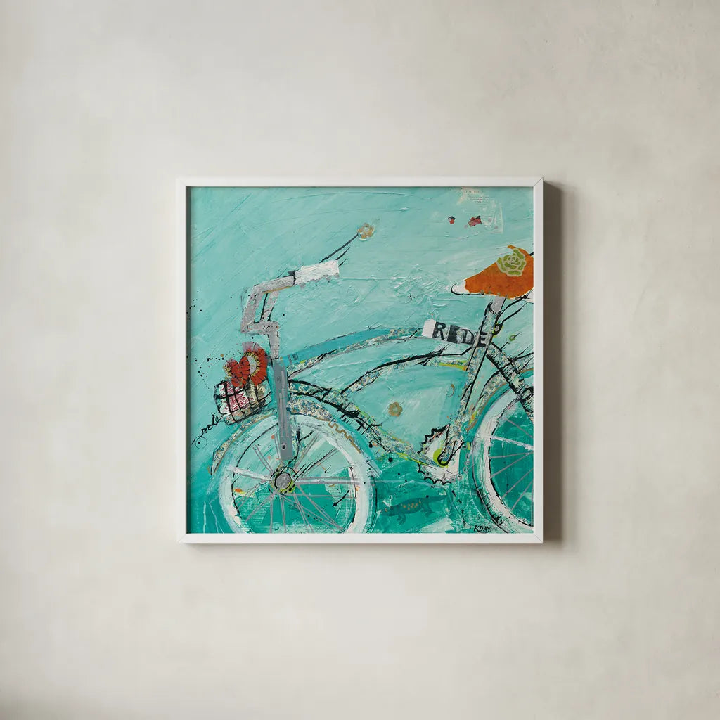 Ride by Kellie Day. Shown in a crisp white glass frame for a clean and minimalist style. Available as an archival giclee rolled canvas, fine art paper, or poster print. SKU 18037a.