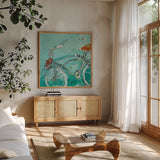 Ride by Kellie Day. Shown in a natural wood frame in a cozy modern living room. Available as an archival giclee rolled canvas, fine art paper, or poster print. SKU 18037a.