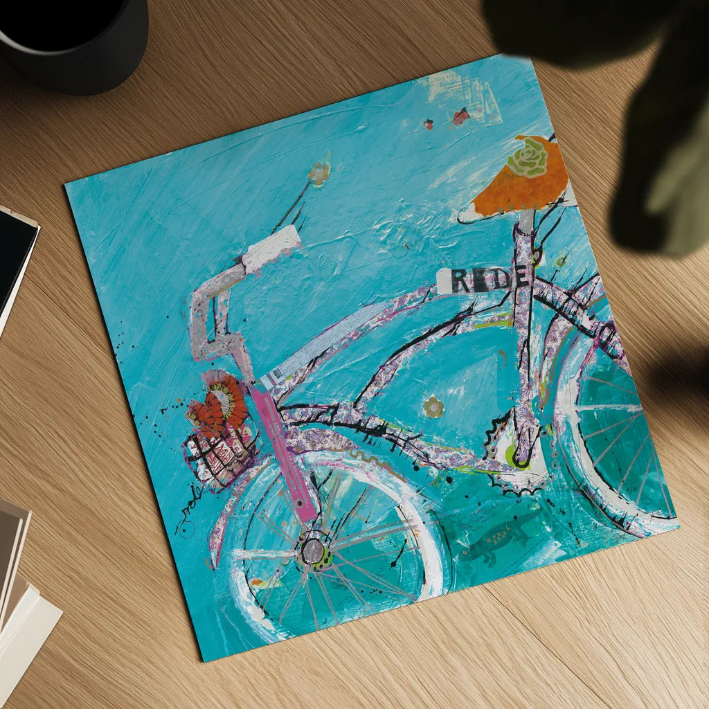 Ride Blue Pink by Kellie Day. Shown as a detailed flat fine art print, highlighting archival giclee quality. Available as an archival giclee rolled canvas, fine art paper, or poster print. SKU 36055a.