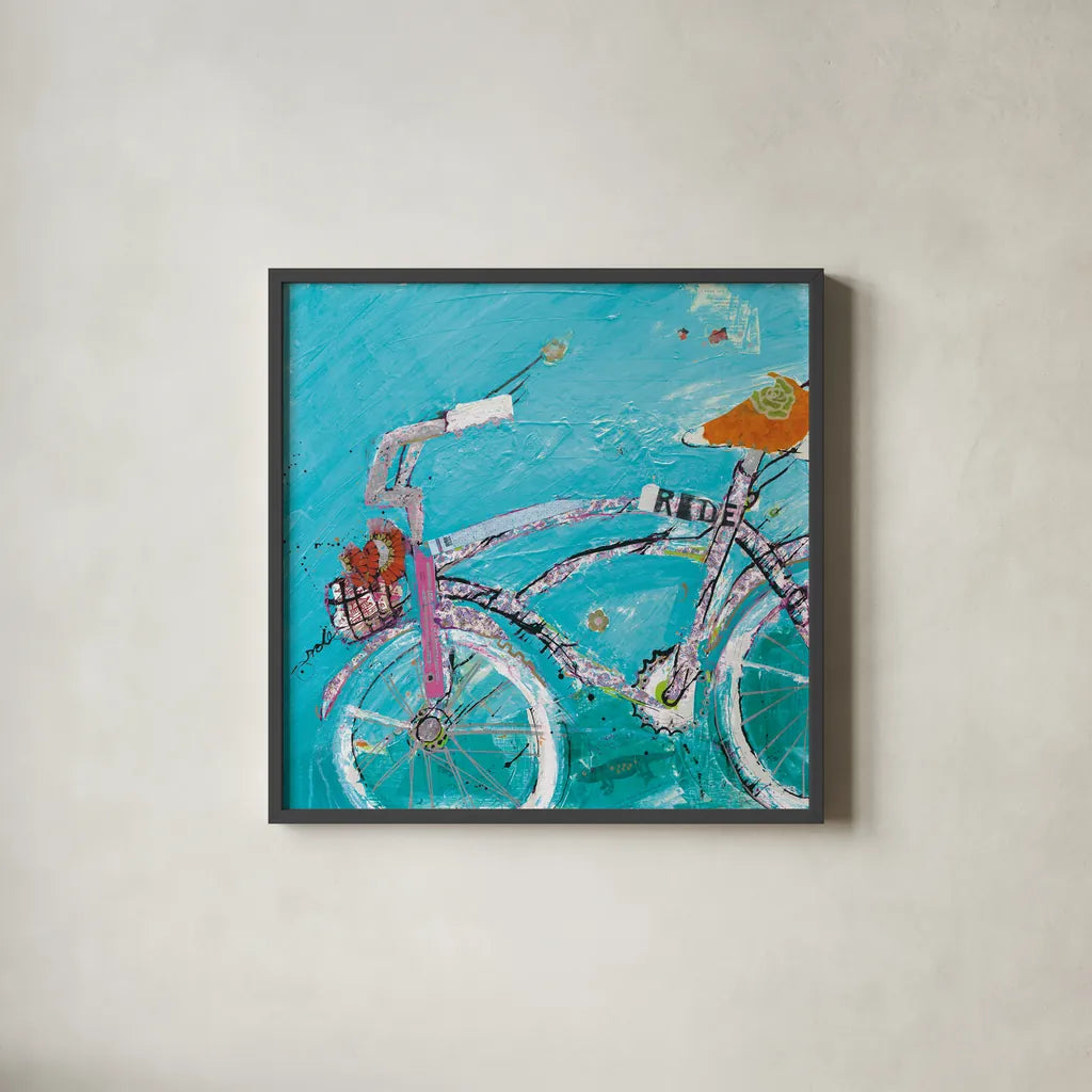 Ride Blue Pink by Kellie Day. Shown in a sleek black glass frame for a contemporary gallery look. Available as an archival giclee rolled canvas, fine art paper, or poster print. SKU 36055a.
