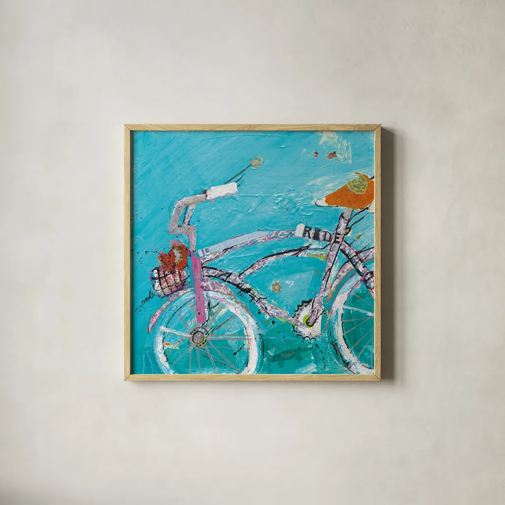 Ride Blue Pink by Kellie Day. Shown in a natural wood glass frame for a timeless modern aesthetic. Available as an archival giclee rolled canvas, fine art paper, or poster print. SKU 36055a.