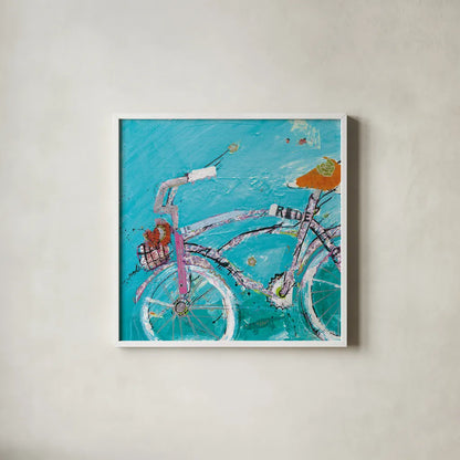 Ride Blue Pink by Kellie Day. Shown in a crisp white glass frame for a clean and minimalist style. Available as an archival giclee rolled canvas, fine art paper, or poster print. SKU 36055a.