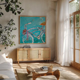 Ride Blue Pink by Kellie Day. Shown in a natural wood frame in a cozy modern living room. Available as an archival giclee rolled canvas, fine art paper, or poster print. SKU 36055a.