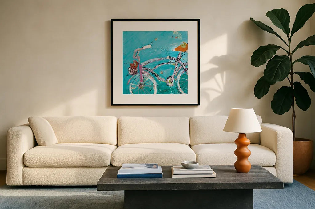 Ride Blue Pink by Kellie Day. Displayed in a glass frame with matte in a clean modern living room. Available as an archival giclee rolled canvas, fine art paper, or poster print. SKU 36055a.