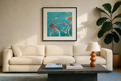 Ride Blue Pink by Kellie Day. Displayed in a glass frame with matte in a clean modern living room. Available as an archival giclee rolled canvas, fine art paper, or poster print. SKU 36055a.