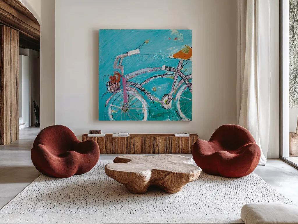 Ride Blue Pink by Kellie Day. Shown as extra-large giant wall art in a modern living room. Available as an archival giclee rolled canvas, fine art paper, or poster print. SKU 36055a.
