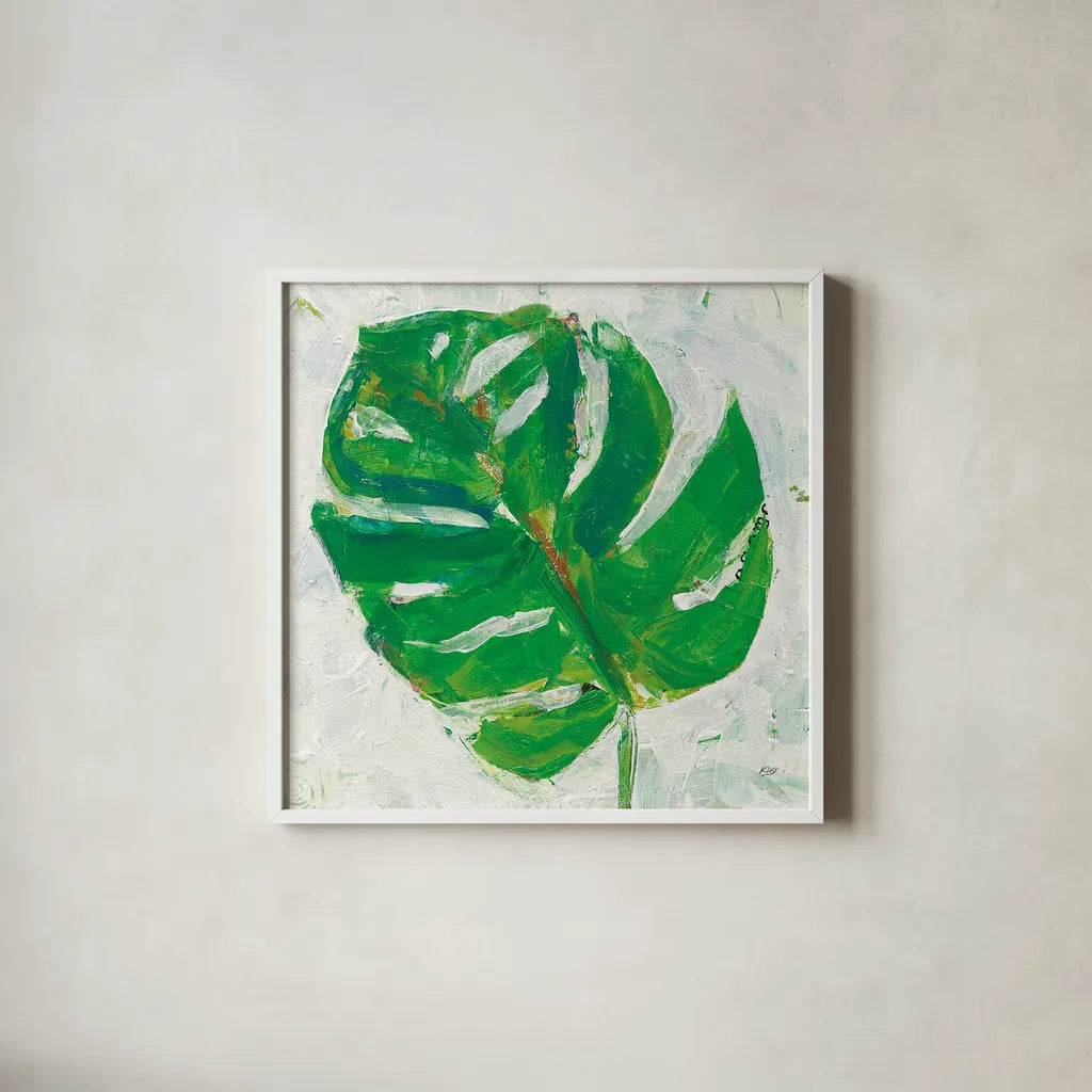 Single Leaf Play II by Kellie Day. Shown in a crisp white glass frame for a clean and minimalist style. Available as an archival giclee rolled canvas, fine art paper, or poster print. SKU 28332a.