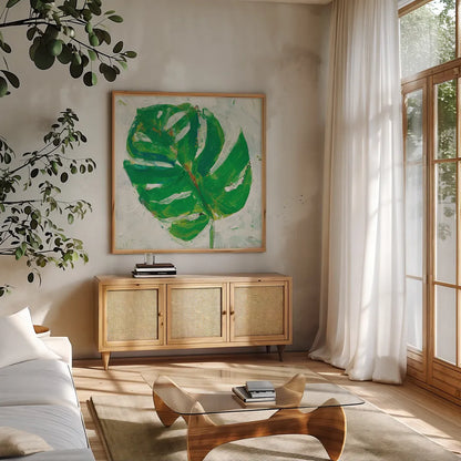Single Leaf Play II by Kellie Day. Shown in a natural wood frame in a cozy modern living room. Available as an archival giclee rolled canvas, fine art paper, or poster print. SKU 28332a.