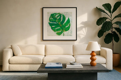 Single Leaf Play II by Kellie Day. Displayed in a glass frame with matte in a clean modern living room. Available as an archival giclee rolled canvas, fine art paper, or poster print. SKU 28332a.